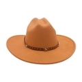 Camel wide brim wool fedora cowboy hat with silver star studs and leather band - One Size / Camel