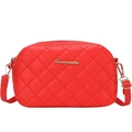 Red quilted crossbody camera bag for women with gold logo and chain strap detail - Red