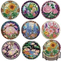 DIY diamond painting coaster set of 8 pieces with floral patterns and black storage rack - Floral Plants (BD023)