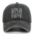 Detail of embroidered Life is Better with Cats text on washed black baseball cap - Army Green