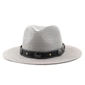 Unisex grey straw Panama hat with black leather band and vintage sunflower metal buckle - Gray