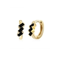 Detailed view of gold hoop earrings with three diagonal black rectangular stones - Black & Gold