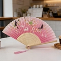 Pink gradient folding fan with white rabbit, cherry blossoms, and pink tassel decoration - Pink Rabbit Sakura