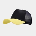 Detail of breathable mesh back and yellow curved brim on two-tone trucker baseball cap - Adjustable / Black + Yellow Brim