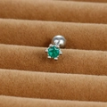 Detail shot of silver cartilage piercing with six-prong set green round cubic zirconia - Six-Claw Round Style (E1357-1)