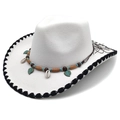White felt western cowboy hat with ethnic beaded band and black braided edge trim - M (56-58cm) / White