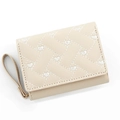 Short tri-fold women's wallet in beige PU leather with heart embroidery and wrist strap - White
