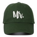 Close-up of white 3D embroidered Mr text on dark green cotton baseball cap details - Dark Green MR