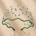 Detail of green mesh headband featuring blue crystals and silver handwoven wire design - Green