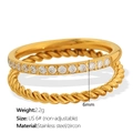 Set van twee vergulde roestvrijstalen ringen met gedraaid touwpatroon en zirkonia-accenten - Maat US 6# / Dubbellaagse Gedraaide Gouden Ring met Zirkoon (JZ43)