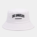 Close-up of Los Angeles vintage embroidery and stitching on white cotton bucket hat - M (56-58cm) / White