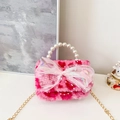 Borsa peluche per bambini rosa leopardata con fiocco grande e manico di perle finte - Fiocco Rosa / Leopardo Rosa