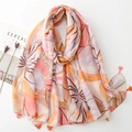 Orange abstract floral cotton-linen scarf with colorful tassels for beach and travel - Orange Pink Purple Brown Abstract Floral (SL2402-005)