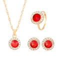 Golden jewelry set with red round gemstones and sparkling rhinestones necklace rings - KC Gold Red Style (A-874)