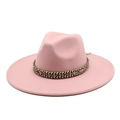 Top view of pink wool fedora hat featuring an ethnic woven band and teardrop crown - M (56-58cm) / Dusky Pink