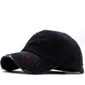 Detail of black washed denim baseball cap with distressed rips and red Z embroidery - Adjustable / Washed Black - Red Embroidery Distressed Style