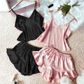 Conjunto de pijama de dos piezas de seda helada con camisola y pantalones cortos con volantes - S / Negro+Rosa Loto