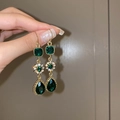 Vintage style gold earrings with emerald green gemstones and crystal accents - 31# Ear Hook Green Rhinestone Waterdrop