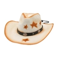 Straw western cowboy sun hat with brown stars, vintage conchos and adjustable chin strap - Gradient Pentagram (CM0285) / White