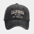 Macro detail of California 1850 embroidery on vintage washed grey cotton baseball cap - Adjustable / Embroidery/Distressed / Black