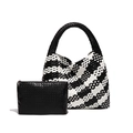 Handwoven black and white chevron tote bag set with matching black clutch pouch - Black and White