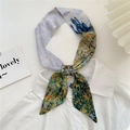 Artistic oil painting style narrow silk scarf in yellow and blue tied on white shirt - 6x105cm / Yellow Orchid