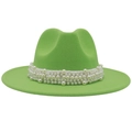 Close-up of bright green fedora hat featuring a white faux pearl decorative band detail - Fruit Green (Large Pearl)