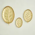 Three-piece set of golden leaf iron trays with specific dimensions for home decor - Gold