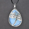 Light blue catseye teardrop necklace with silver dragonfly on black leather cord - Opal