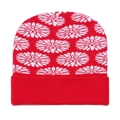 Winter red knitted beanie with white floral jacquard pattern and ribbed cuff design - Red with White Small Flowers (N)