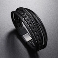 Bracelet multicouche en cuir tressé pour homme avec fermoir magnétique en métal noir - Noir