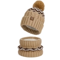 Khaki Strickmütze und Schal Set mit Fleece-Futter und Kunstpelz-Bommel für den Winter - 2-Teiliges Set (Mütze + Schal) / Khaki