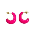Detailed macro view of pink enamel C-shaped earrings with polished gold metal studs - Gold Rose Red (DEK1491)