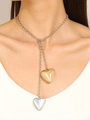 Collier en Y épais avec double pendentif en forme de cœur doré et argenté sur chaîne - Y-Shape Double Heart Pendant Necklace (Two-Tone)