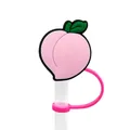 Cute pink peach silicone straw cover cap with green leaf and secure attachment loop - Pink Peach-1704-48