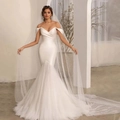 Vestido de novia sirena de satén con escote barco y velo de novia con perlas finas - US 2 / Blanco