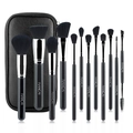 Professional 12-piece black and silver makeup brush set with elegant black leather case - 12pcs Black Bristles Zipper Bag