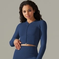 Navy blue seamless ribbed yoga set featuring a long sleeve zip-up cropped sports top - S / Tops / Dark Blue