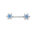 Silver nipple barbell ring featuring floral ends with blue and clear zircon stones - No.4 Blue (Platinum Color)