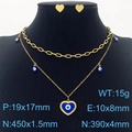 Golden double-layer evil eye necklace set with heart earrings on a black mannequin - Purple
