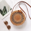 Borsa rotonda Bali in rattan fatta a mano con tracolla in pelle marrone e fiocco color legno - Fiocco in pelle girasole 20*8cm