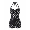 Halter neck one-piece swimsuit with retro polka dots and slimming ruched belly design - S / Black Polka Dot