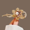 Elegant gold flower hair clip with purple enamel petals, pearls and sparkling crystals - Purple-Yellow Gradient Enamel Flower Pearl Clip