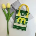 Green and white striped knit bag with yellow m letter and tulip decoration - Letter M-Green Stripe