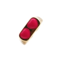 Detailed view of wide gold-plated ring with two red enamel heart designs on white background - Red / Adjustable Open
