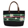 Schwarze Segeltuch-Tasche mit weißen Gänseblümchen-Prints und braunen Ledergriffen - Horizontale Streifen Gänseblümchen
