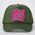 Olijfgroene trucker pet met roze Take it easy tekst en ademend mesh paneel - Donkergroen