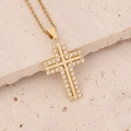 Macro detail of 18K gold layered cross pendant with micro-pave zircons and O-chain - Double Layer Polished Pavé Cross Style (9#)