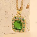 Elegant gold square necklace featuring a rectangular green gemstone and pavé accents - Green Zirconia