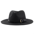 Chapeau Fedora Panama en paille noire avec ruban en cuir et boucle dorée pour l'été - M (56-58cm) / Noir